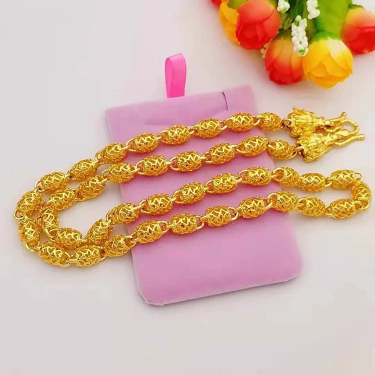 Hollow Olive Bead Necklace Men's 24K Gold AU999 - Guochao craft, unique beads, solid texture, for business negotiation