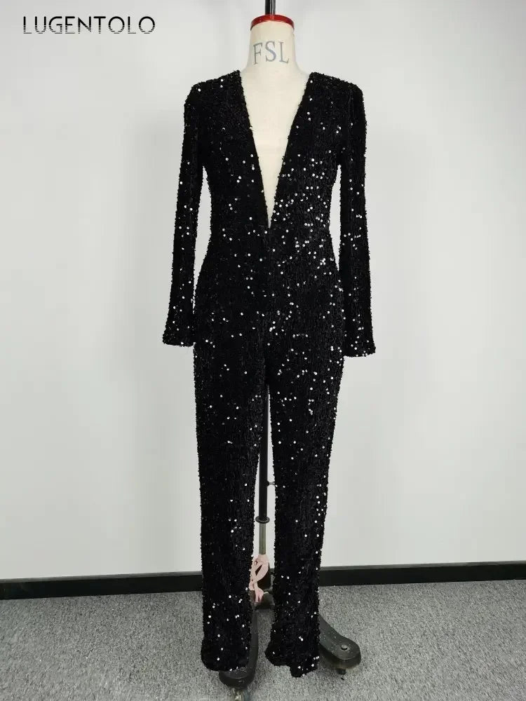 Women Sexy Jumpsuit Long Sleeve V-neck Sequins Black Skinny Party Female Fashion High Waist Jumpsuits Lugentolo