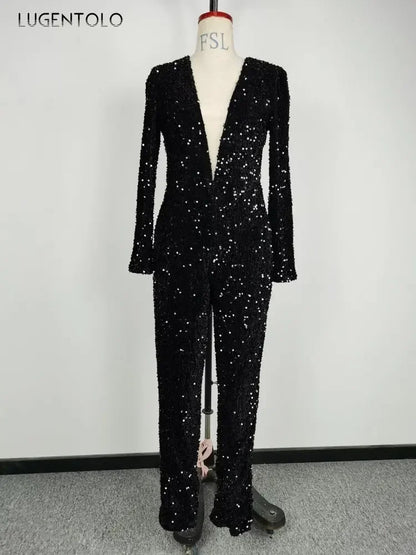 Women Sexy Jumpsuit Long Sleeve V-neck Sequins Black Skinny Party Female Fashion High Waist Jumpsuits Lugentolo