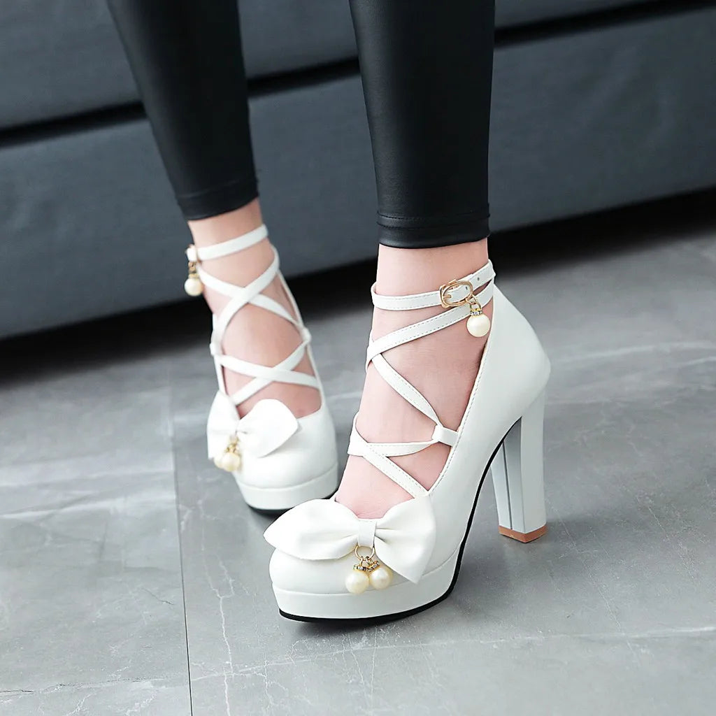 Women Pumps Wedding Shoes Mary Jane Party Ankle Strap Pumps Platform Ladies Shoes Thick Heeled Black Beige Working Shoes