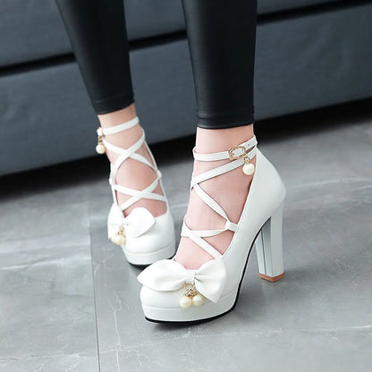 Women Pumps Wedding Shoes Mary Jane Party Ankle Strap Pumps Platform Ladies Shoes Thick Heeled Black Beige Working Shoes