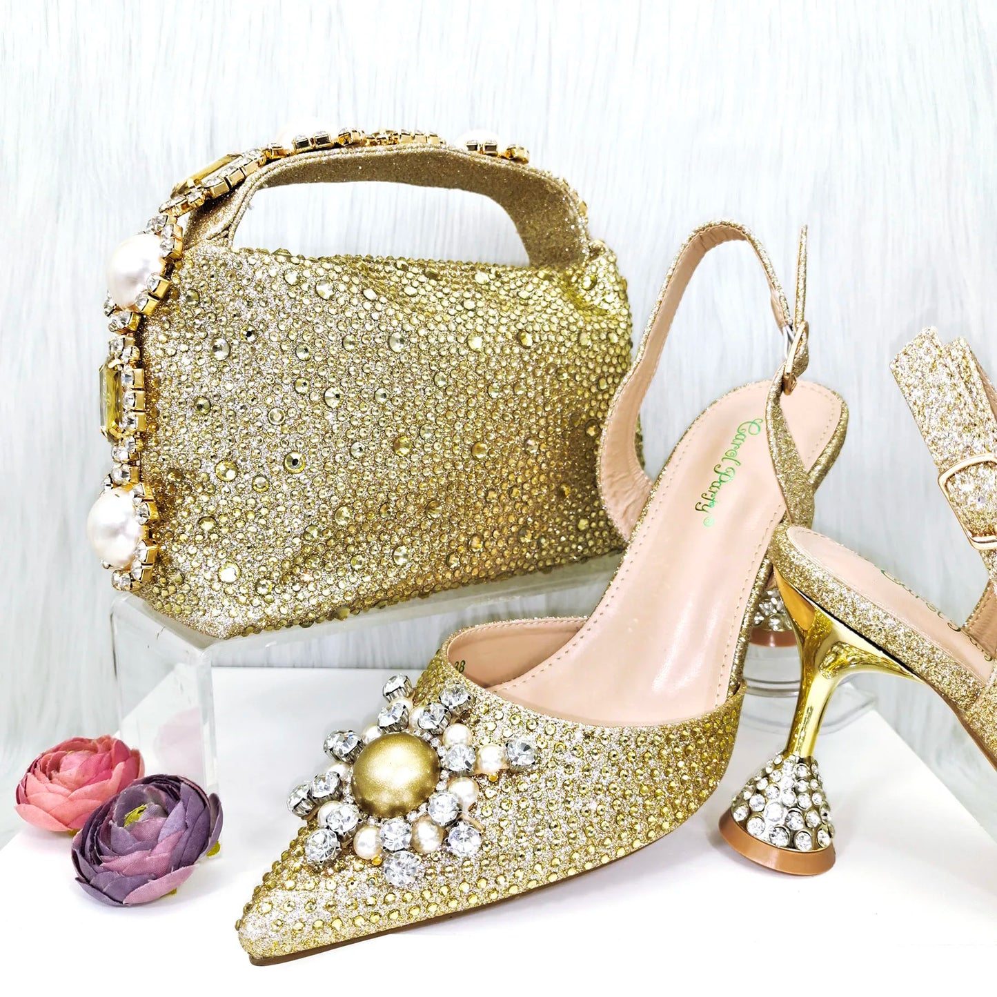 QSGFC 2023 New Fashion Purple Sandals Sequins Rhinestone Point Toe High Heels Slingback Women's Dress Women's Shoes & Bag Set