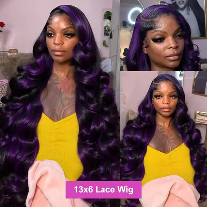 220% Density Ombre Purple Highlight Body Wave 13x6 HD Lace Front Wig Human Hair Waves Dark Purple 13x4 Lace Frontal Wigs For Women