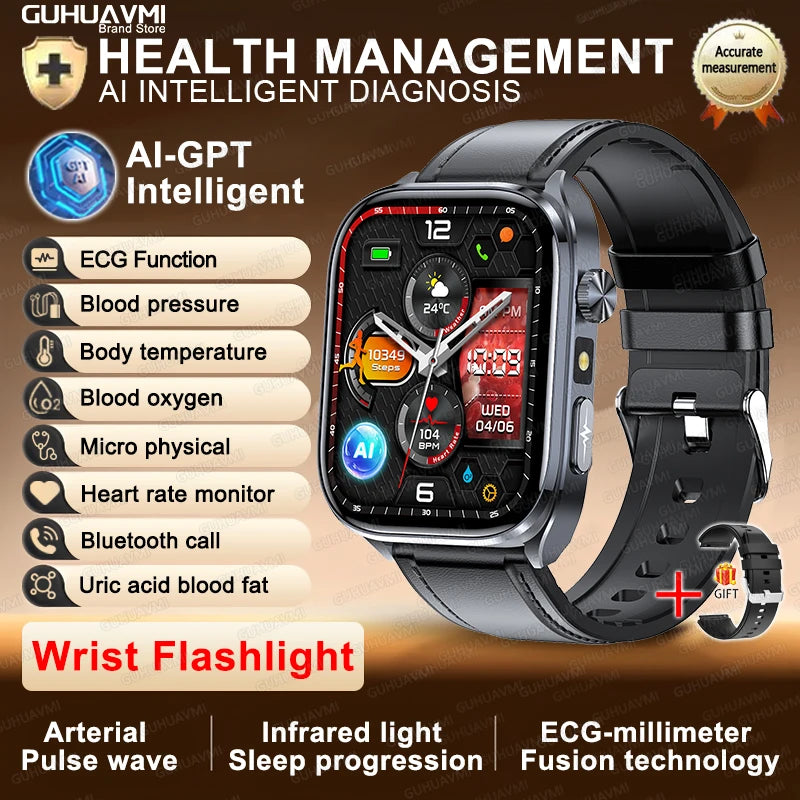 2026New ECG+PPG Clock Health Trackr 2.0 inch Uric Acid Blood lipids Pressure Smart Watch Body Analysis Voice call Smartwatch Men