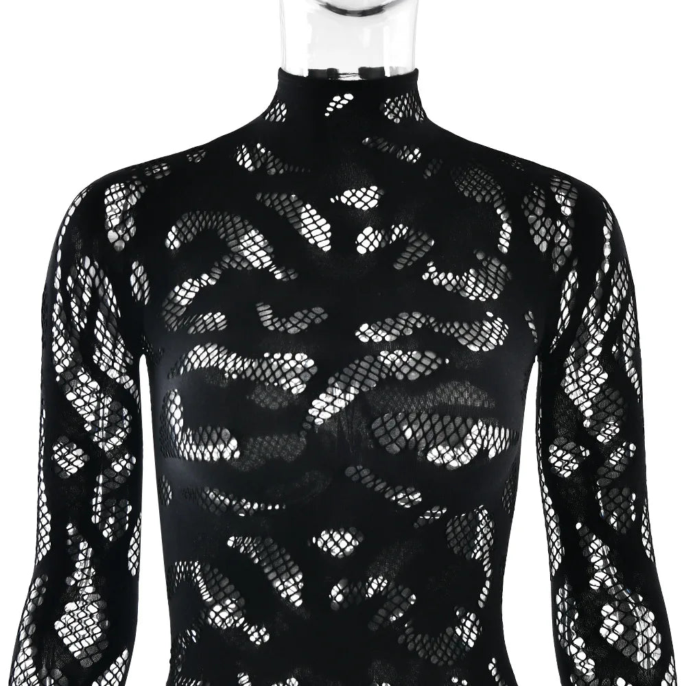 Weird Puss Irregular Hollow Jumpsuit Women Full Sleeve Button Sexy See Through Stylish Stretch Skinny Midnight Activity Overall