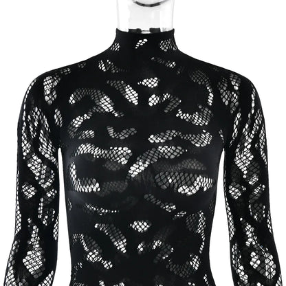 Weird Puss Irregular Hollow Jumpsuit Women Full Sleeve Button Sexy See Through Stylish Stretch Skinny Midnight Activity Overall