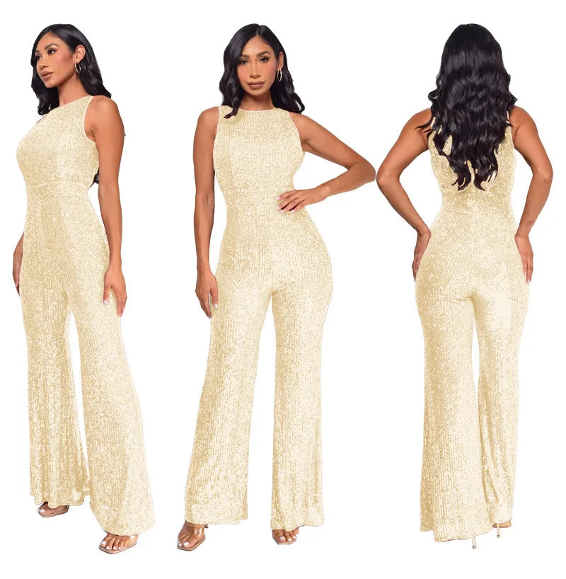 Bling Bling Sequined Club Jumpsuit Sexy Women O-neck Elegant Shiny Sliver Gold Sequins Straight Romper Overalls
