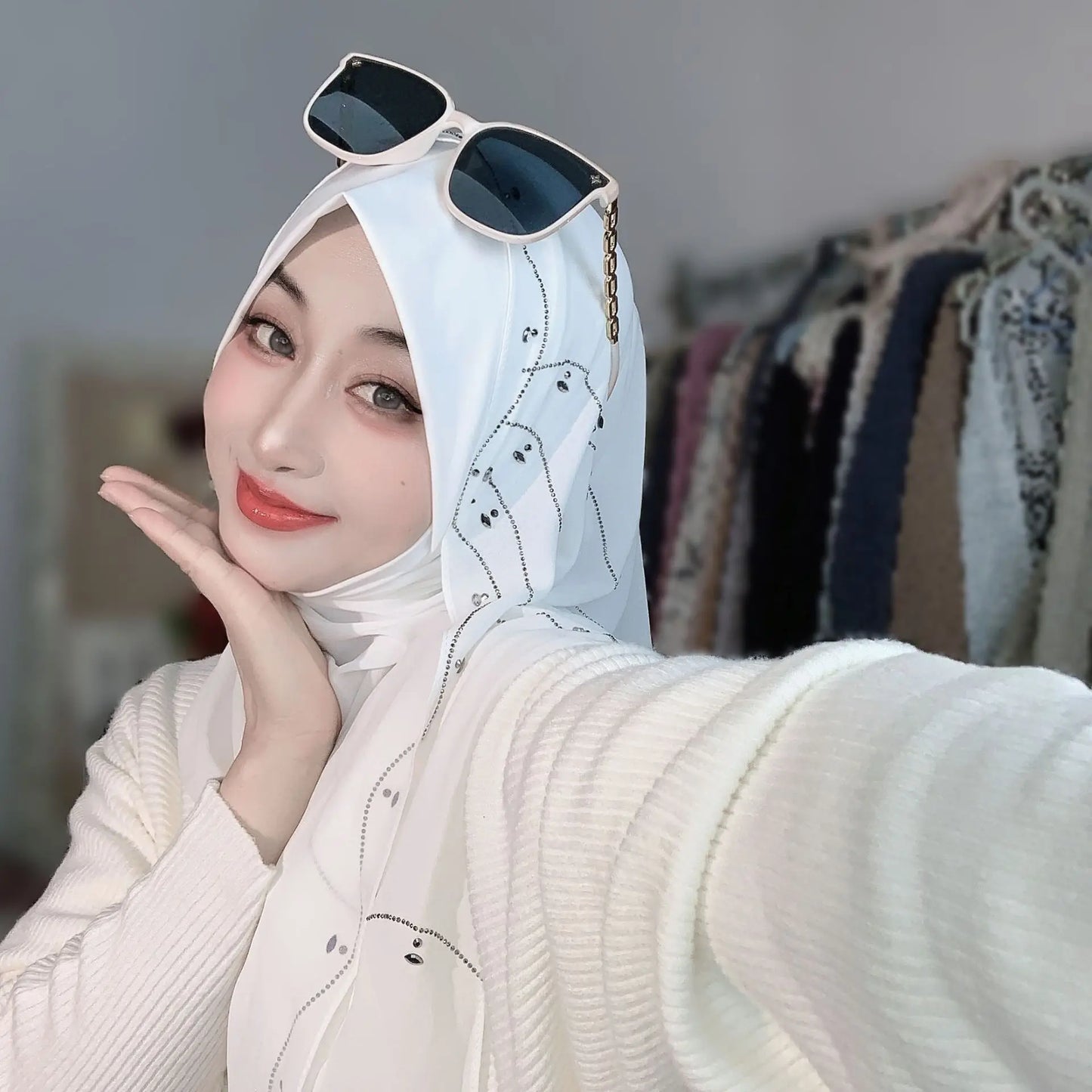 Malay Solid Chiffon Turban Head Scarf for Women, Irregular Rhinestone Hotfix Wrapped L-Edge Pull-On Scarf,Soft Muslim Hijab Wrap