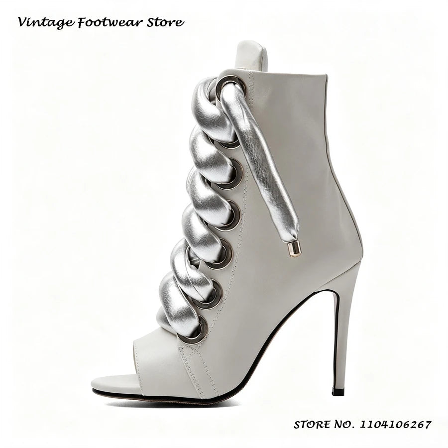 Bold Shoelace Stiletto Ankle Boots Round Open Toe Thin Heels Casual Shoes Women's Spring Autumn Fashion Street Style Booties