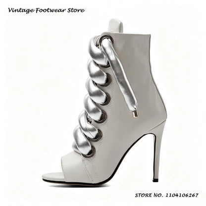 Bold Shoelace Stiletto Ankle Boots Round Open Toe Thin Heels Casual Shoes Women's Spring Autumn Fashion Street Style Booties