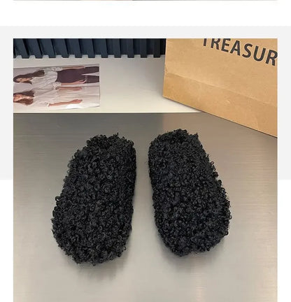 Thick Heel Luxury Lambwool Mules  Winter Shoes Woman Flip Flops Flat Cover Toe Slides Ins Warm Curly Lamb Fur Slippers Women