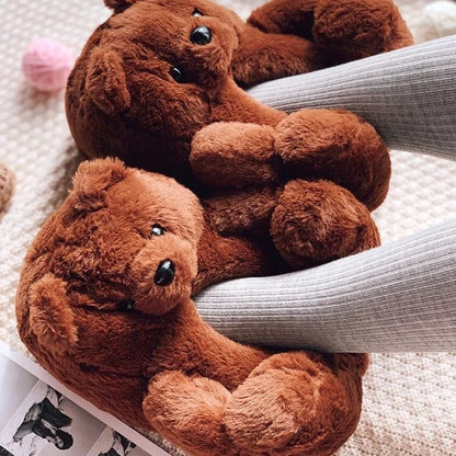 Cute Teddy Bear Plush Winter Slippers, Wrapped Heel Funny Indoor Floor Shoes, Women Gift, Warm Soft Cartoon Fluffy Animal Slippe
