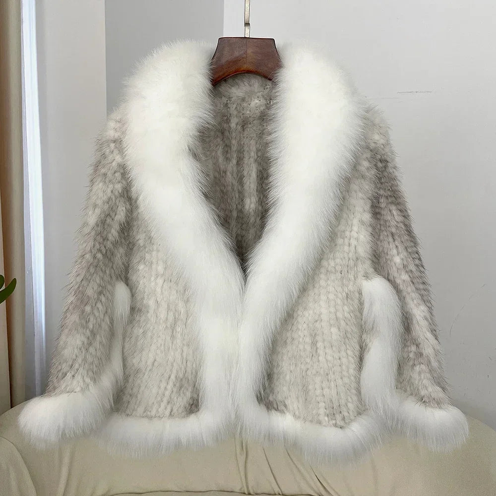 Real Mink Fur coat Women Autumn Winter Shawl Fashion Knitted Genuine Mink Fur jacket Cape Scarf Natural Fox Fur Collar Cloak