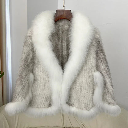 Real Mink Fur coat Women Autumn Winter Shawl Fashion Knitted Genuine Mink Fur jacket Cape Scarf Natural Fox Fur Collar Cloak