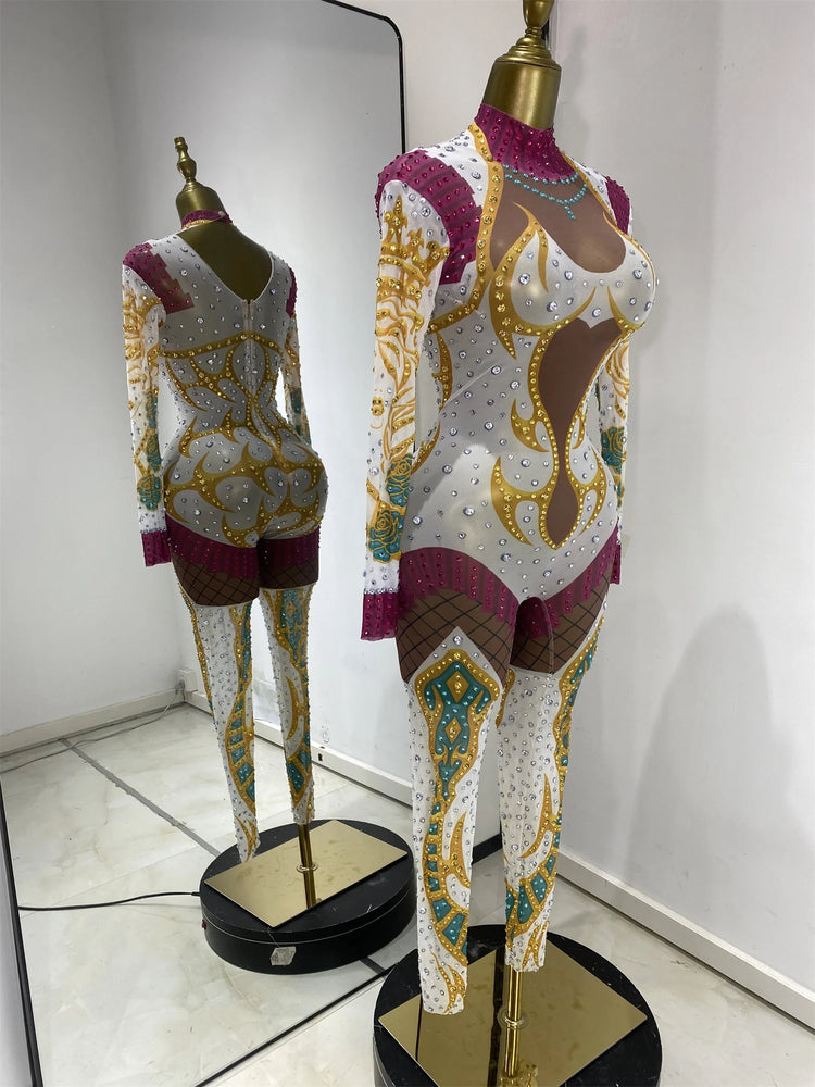 Performance Costumes Kpop Outfits Shiny Rhinestones Printed Bodycon Jumpsuits Woman Evening Club Party See Through Dress Outfits