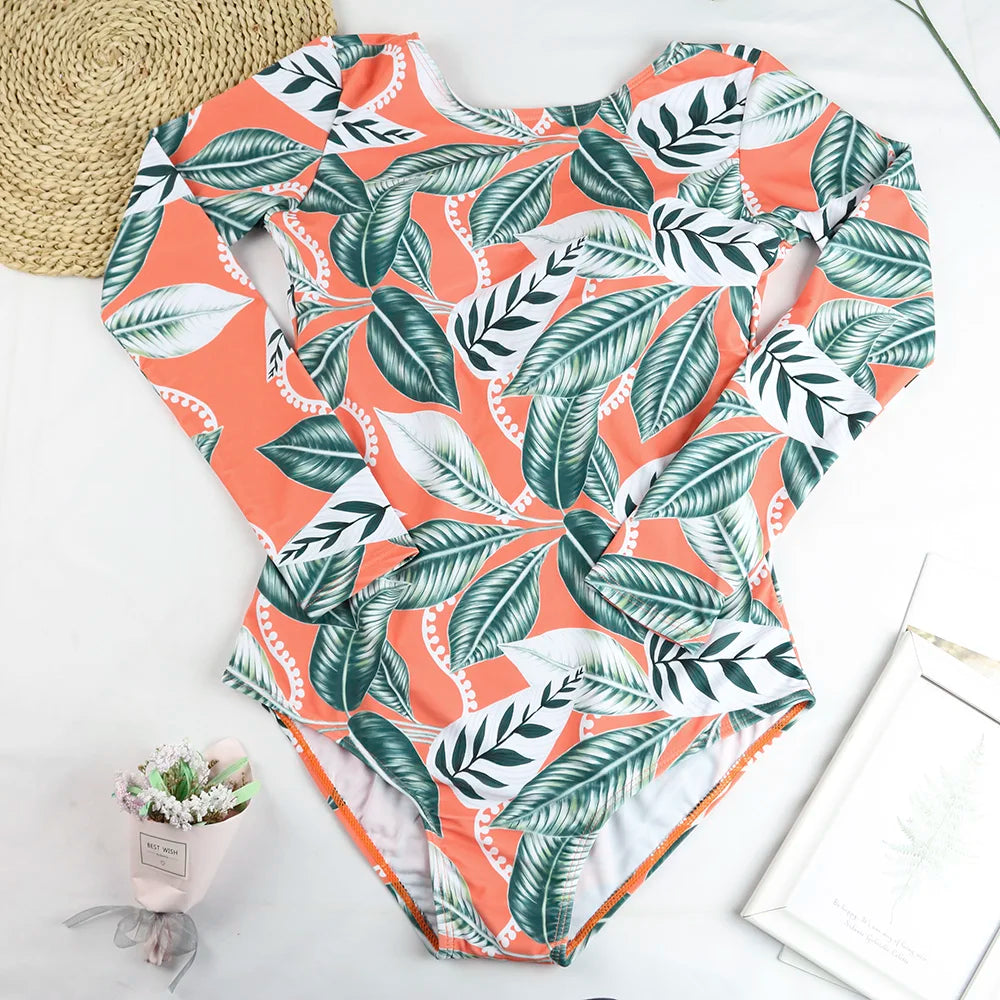 TYAKKVE Surf Swimwear Rash Guard Long Sleeve One Piece Swimsuit For Women Print High Neck Bodysuits Swim Suits Backless Monokini