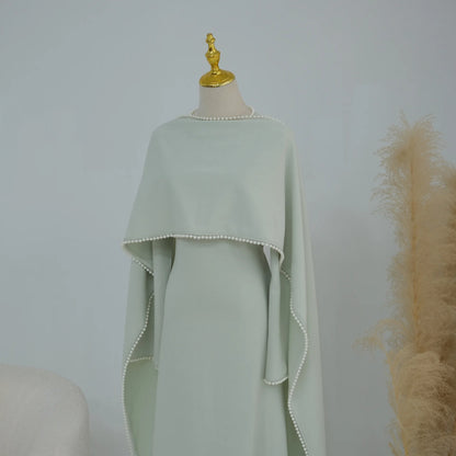 White Pearl Trim Cape Maxi Dress Women Elegant Long Sleeve Cinched Waist Muslim Robes 2026 Spring EID Abaya Lady Dresses