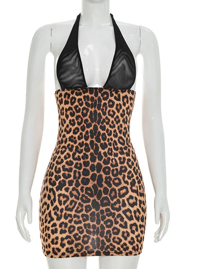 Kricesseen Sexy Leopard Mesh Patchwork Mini Dress Women Bandage Sleeveless Bodycon Dress Backless Clubwear Vestidos