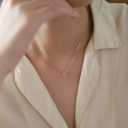 925 Sterling Silver Interlocking Diamond Necklace Light Luxury Double Ring Zircon Pendant Collarbone Chain Simple Jewelry