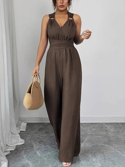 2026 New Women Wide Leg Jumpsuit Women's Jumpsuits And Rompers Halter V Neck High Waist Backless Casual Vacation Outfits