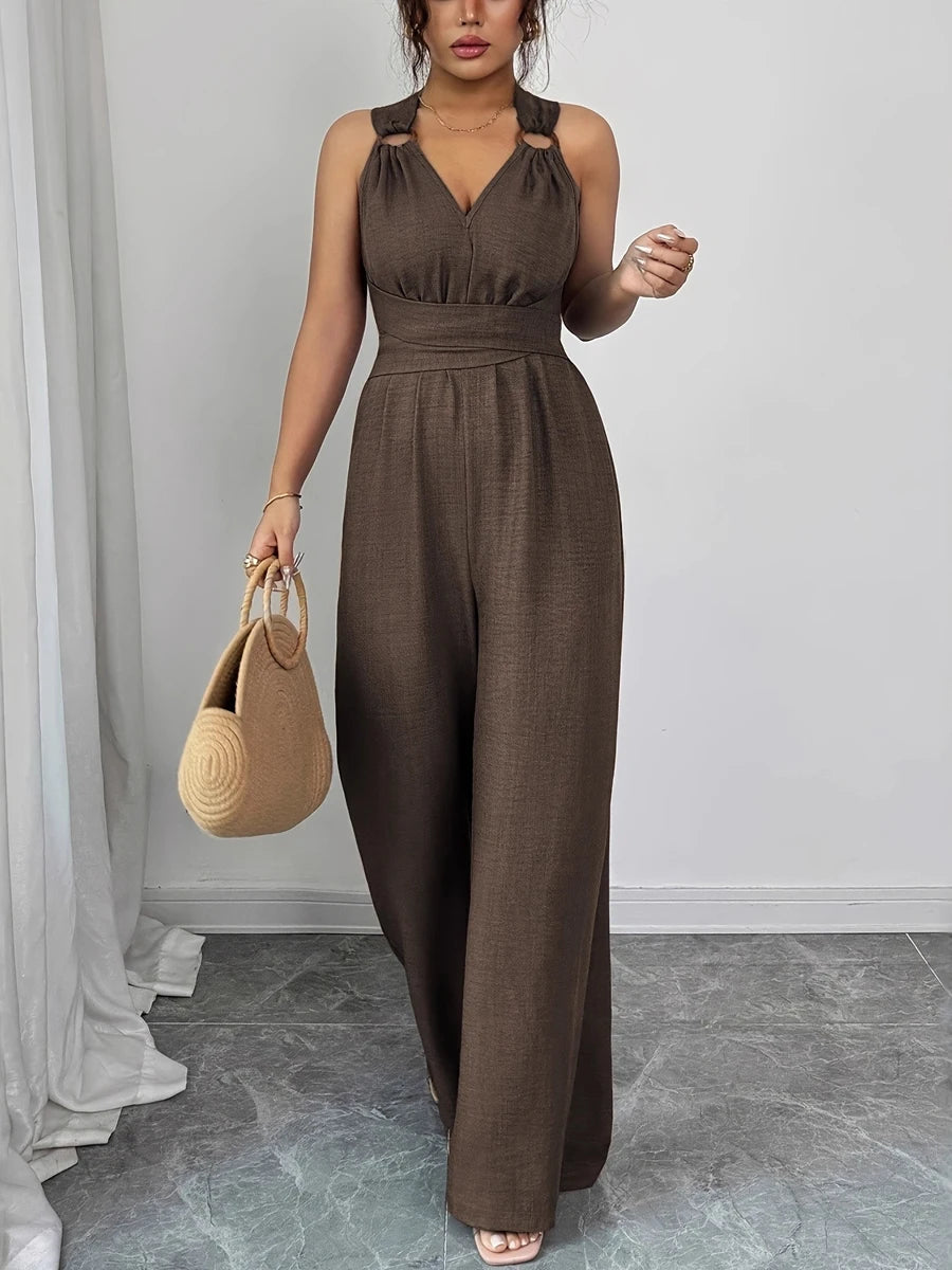 2026 New Women Wide Leg Jumpsuit Women's Jumpsuits And Rompers Halter V Neck High Waist Backless Casual Vacation Outfits