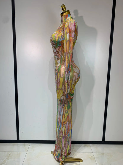 Sparkly Rhinestone Stretchy Mesh See Through Dress Women Performance Dancer Costume Rompers Party Nightclub Stage Outfit