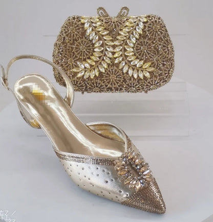 INSIGHTLINK Newest Golden Women High Heel with Bag Set Rhinestones Sandals Party Women's Shoes for Bridal Stiletto Luxury Pumps