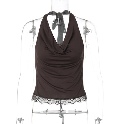 Dulzura Summer Fashion Sexy Halter Backless Lace Up Lace Ruffles Swinging Collar Vest Women'S Casual Y2K Top Party Club Clothes