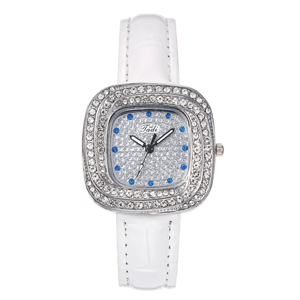 Women's 2025 New Luxury Full Star Diamonds Square Quartz Watch Business Women's Green Leather Casual Dress Clock Wristwatch