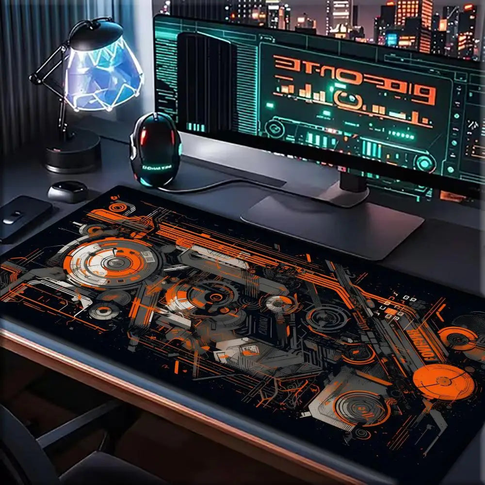 Large Gaming Mouse Pad Desk Mat Keyboard Pad Orange Circuit Gear Cyberpunk Mechanical Tech NonSlip XXL Mousepad Tech Enthusiasts