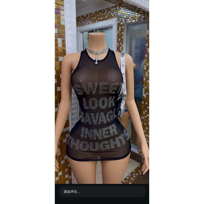 Chic Y2K Graphic Bodycon Dress for Women Funny Printed Rivet Trim Sleeveless Mini Tank Dress 2026 Summer Trendy Party & Clubwear
