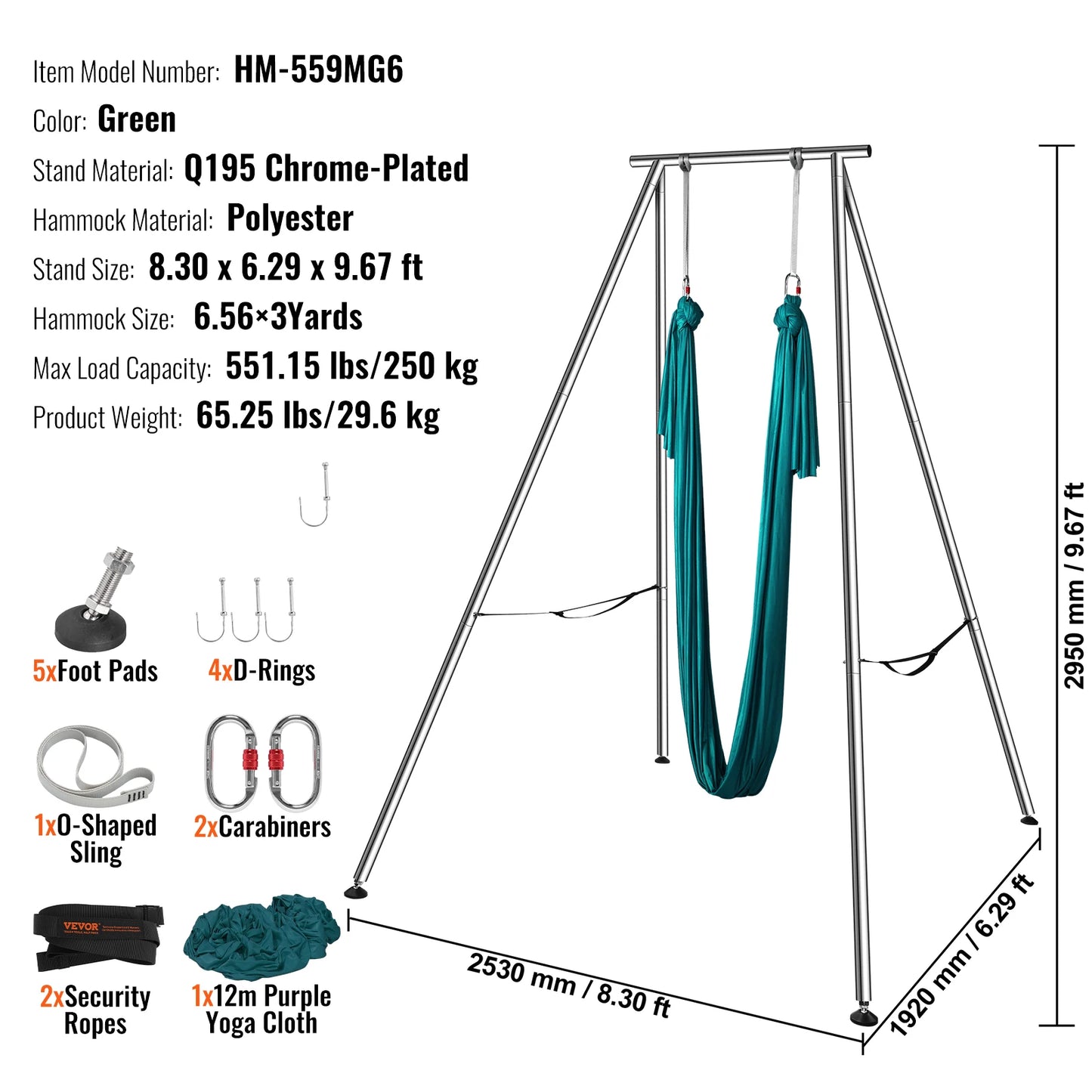 SucceBuy Aerial Yoga Frame&Hammock 9.67FT Professional Yoga Swing Stand with 6.6 Yards Aerial Silks Max 551lbs Indoor Aerial Rig