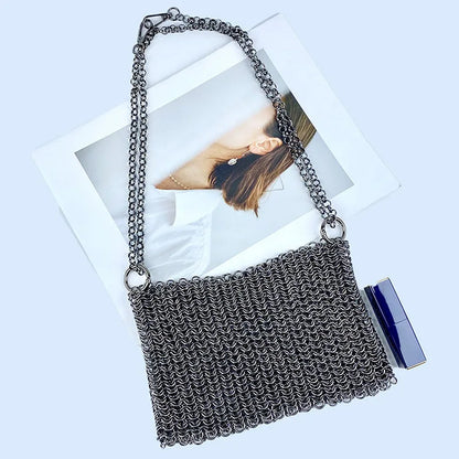 Metallic Hauberk Shoulder Bag Woven Ring Tote Chain Mail Designer Purses and Handbags Handmade Hollow Crossbody Bags for Women