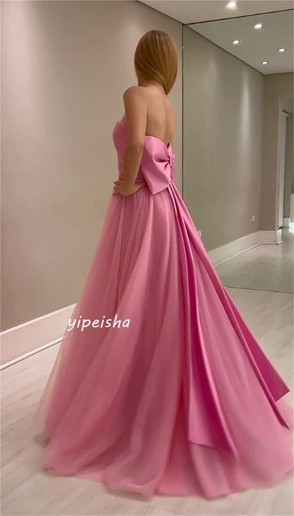 Customized Net Draped Sash Bow Graduation A-line Strapless Bespoke Occasion Gown Long Dresses