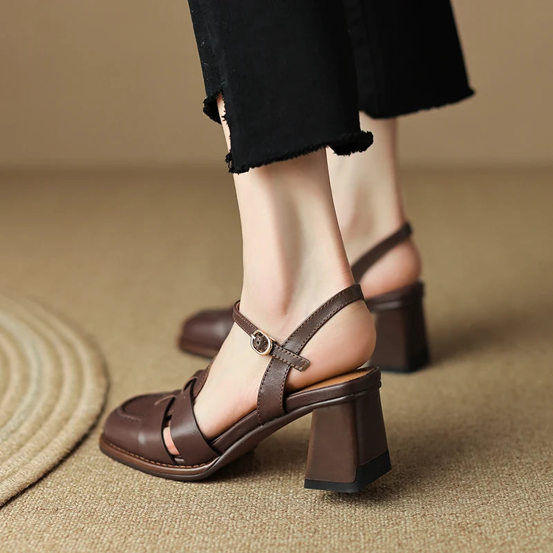 2026 New Size 34-43 Retro Genuine Leather Retro Sandals Woman Top Quality Ladies Buckle Summer Shoes Thick High Heels Sandals