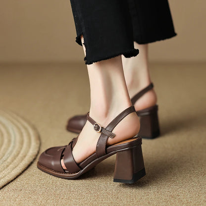 2026 New Size 34-43 Retro Genuine Leather Retro Sandals Woman Top Quality Ladies Buckle Summer Shoes Thick High Heels Sandals