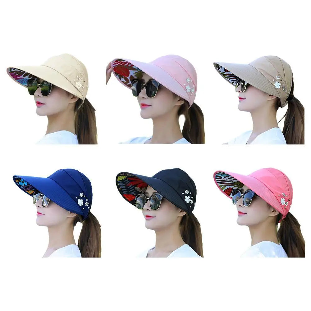 Women Summer Empty Top Sun Protection Cap Large Brim Anti-UV Ponytail Hat For Women Outdoor Travel Beach Visor Fisherman Hats