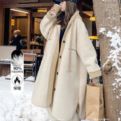 Women Wool Long Coats Jackets Blends Hooded Casual Loose Coat Thick Warm Y2k Streetwear Jacket Work Outerwear Autumn Winter