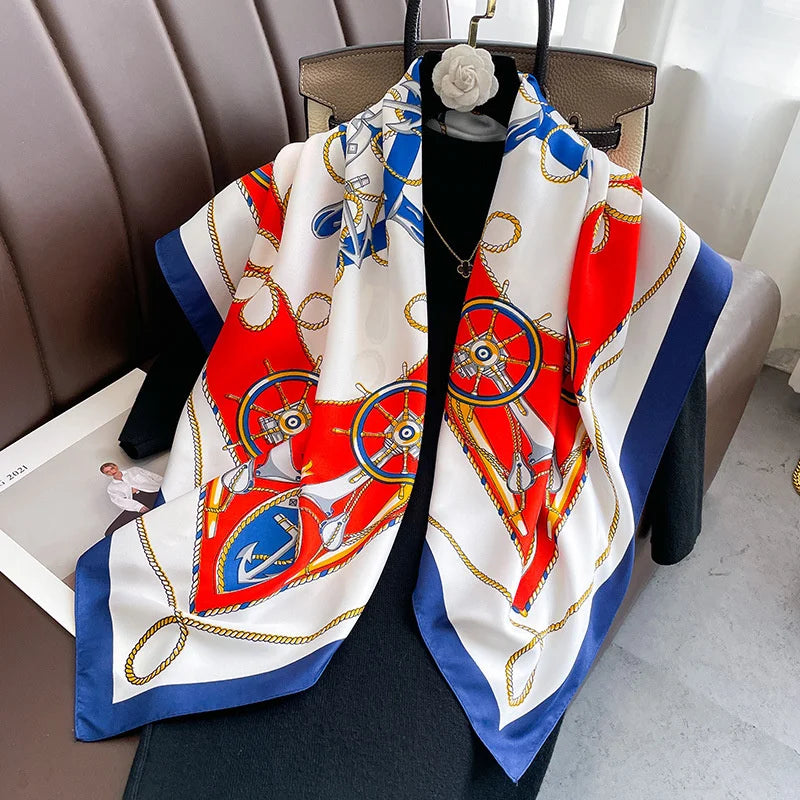 Brand Twill Silk Scarf Women Luxury Shawl Wrap 90cm Square Headband Print Neck Tie Female Hijab Satin Echarpe 2024 Bandana