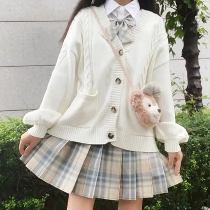 School Autumn Winter Lazy Style Japanese JK Knit Cardigan Loose College Sweater Plaid Skirt Matching Set For Campus Daily Class