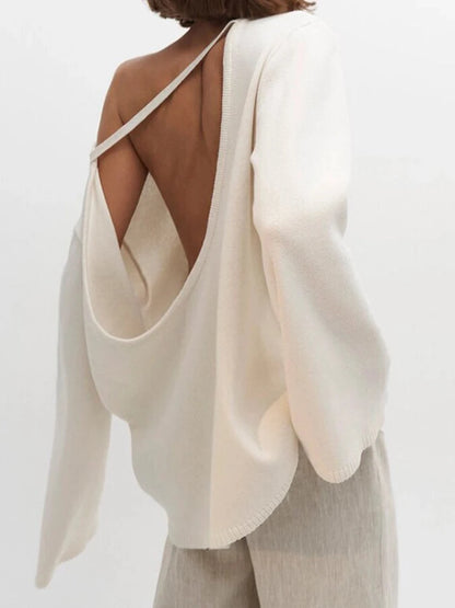 Casual Knitted Sweater Round Neck Open Back Long Sleeves Loose Pullover 2026 Autumn Fashion Daily Versatile Cardigan Top Outfit