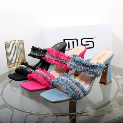 Denim women slippers 2025 new rhinestone plush stiletto heels women outdoor fashion women's slippers Luxury elegant women shoes