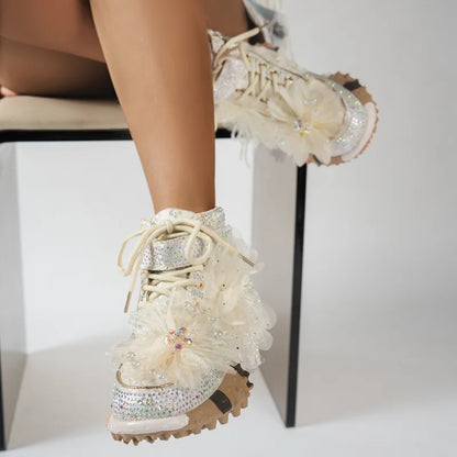 Women's Rhinestones High Top Luxury Sports Shoes Sparkling Shoes Lace Up Mesh Water Diamond Fashion Casual Shoes Zapatos Mujer