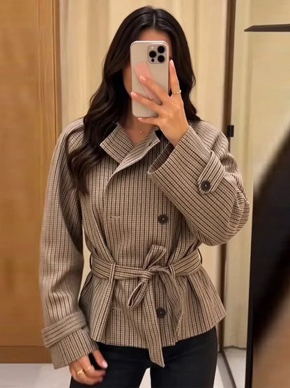 Plaid Cropped Trench Coat Lapel Collar Double Breasted Belted Waist Long Sleeve Women All-match Coats 2026 Autumn Commute Outfit
