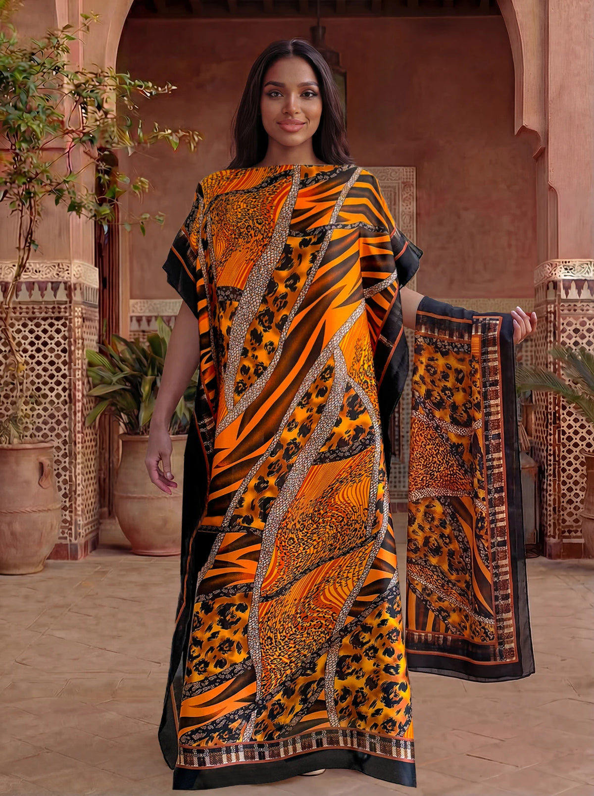 Mixed Leopard Zebra Print Abaya With Scarf, Loose Maxi Kaftan For African Muslim Women Summer Beach Holiday Wear