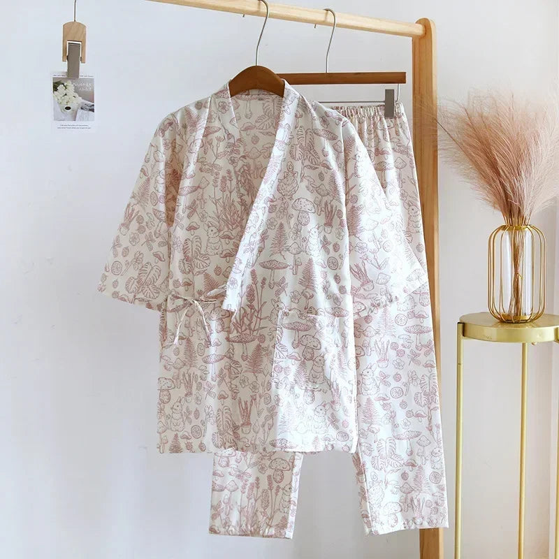 2026 new seven-sleeve Japanese-style kimono pajamas set female spring and autumn 100% cotton gauze home clothes cute sweet two-p