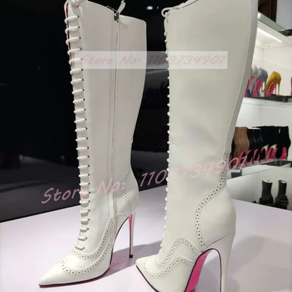 Pink Sole Zipper Knee Length Boots Women Sexy Nightclub Lace Up Pointy Toe High Heels Boots Lady Party Nifty Punk Fashion Shoes