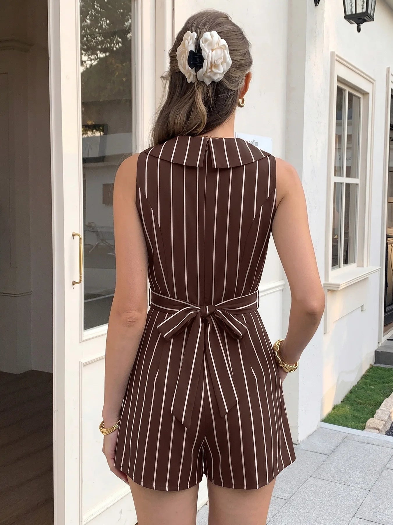 2026 Summer Women Striped Sleeveless V Neck Jumpsuits Elegant Mature Style Casual Short Jumpsuit Ladies One Piece Shorts Outfit