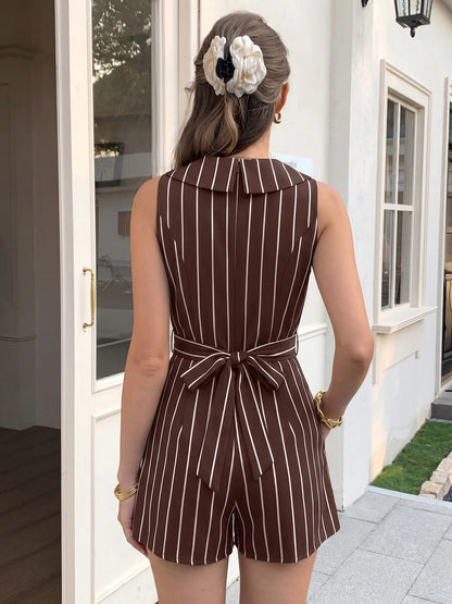 2026 Summer Women Striped Sleeveless V Neck Jumpsuits Elegant Mature Style Casual Short Jumpsuit Ladies One Piece Shorts Outfit
