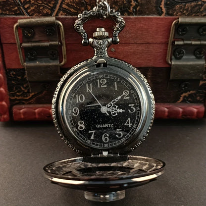 Vintage Black Compass Design Quartz Pocket Watch, With Necklace Pendant, World-Time Feature, Pointer Display Pocket Watch